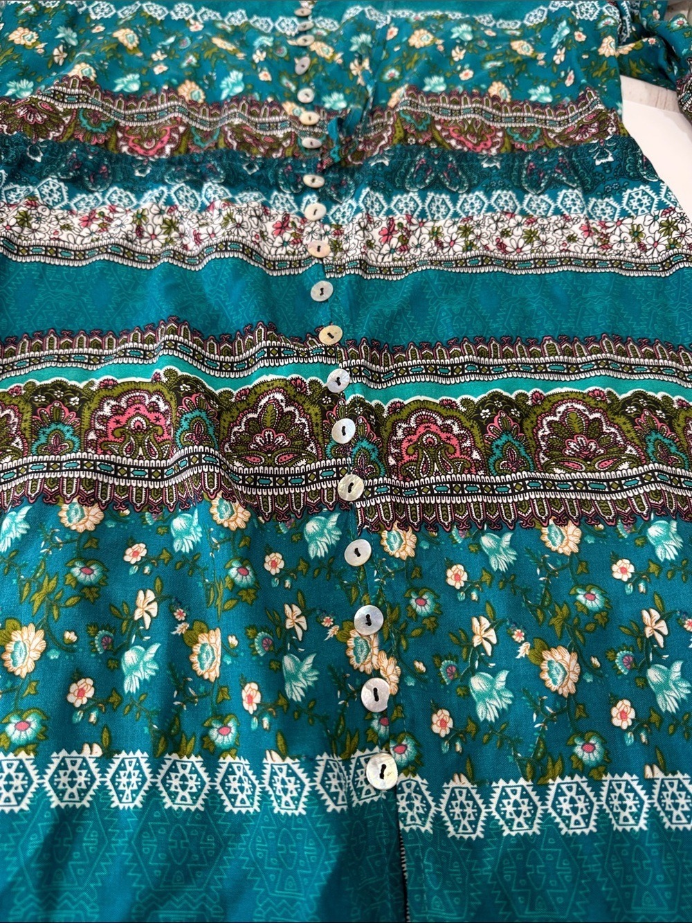 Teal Floral Button-Front Maxi Dress Cottagecore Boho Large - Picture 9 of 10